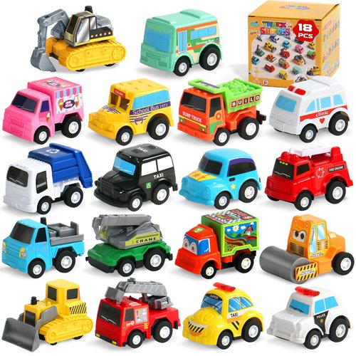 Fajiabao 18 Pcs Toddler Toys Cars for 1-3-5 Mini Pull Back Cars Small Toy Trucks Toddler Party Favors Pinata Filler Goodie Bags Stuffers for Kids Bulk Kids Prizes for 2 3 4 5 6 Boys Girls