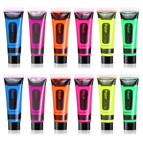 Fusang Glow in the Dark Face Body Paint,Washable Neon Face Body Paint,Black Light Face Makeup for Party Halloween Christmas Cosplay Masquerade Etc 0.48oz Set of 12 Tubes(12 colors)