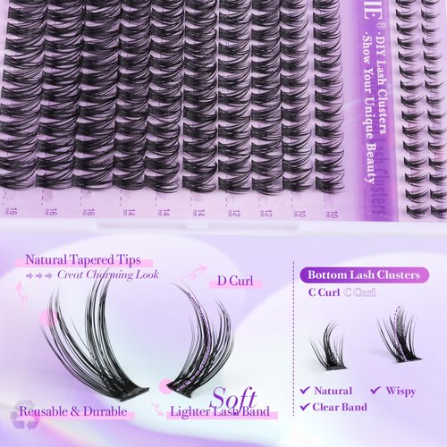 Ruairie Eyelash Extension Kit with Bottom Lashes Wispy Lash Clusters Kit 200pcs DIY Lash Extensions Kit 6-16MM Cluster Eyelashes Extension Kit C Curl Individual Lashes Kit Natural Eyelash Clusters Kit