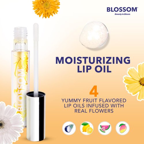 Blossom Lip Oil with Olive Oil + Grape Seed Oil, Moisturizing and Hydrating Shimmer Sparkle, Infused with Real Flowers, 3g, Mango