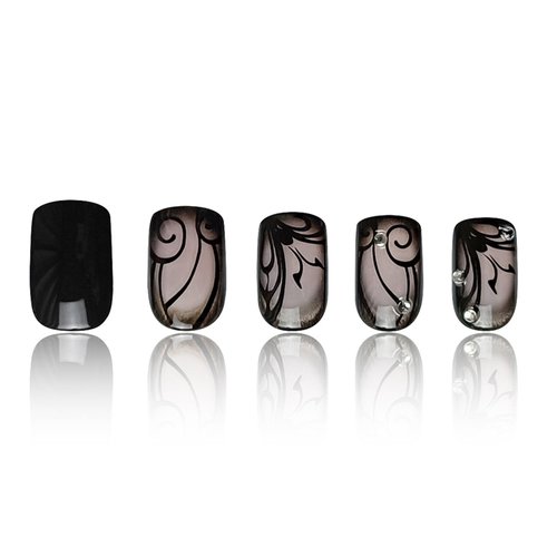 Black Press on Nails Medium Square Fake Nails with Black Vine Designs Dark Style Glue on Nails Press ons Acrylic False Nails Full Cover Stick on Nails for Women