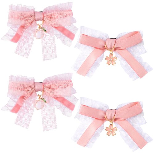 HINZIC 4Pcs Pink and Lace Hair Clips, Cute Bow Alligator Clips Pink Peach Hair Flower Pendant Barrettes Halloween Rave Christmas Wedding Prom Birthday Decoration for Teen Women Thin Hair