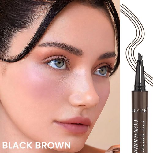 Kaely 2Pcs Microblading Eyebrow Pen with Brow Brush,Magical Precise Waterproof Brow Pen,Suake Eyebrow Contouring Pen,4 Tip Eye Brow Pencils for Women,Creates Natural Brows,Sponge Head 03 Black Brown