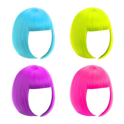 LIULIUBTY Short Bob Wig, 4 Pieces Colorful Wigs, 12" Cosplay Wigs with Flat Bangs, Neon Colored Wig for Women Party Favors Bachelorette Party Night Club with Extra Wig Cap