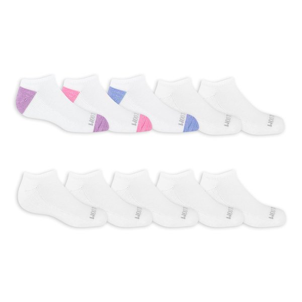 Fruit Of the Loom Girls' Everyday No Show Socks (10 Pack), White, Medium