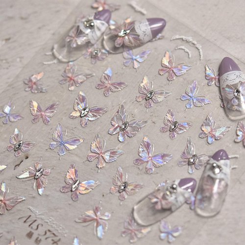 Rhinestone Butterfly Nail Stickers - Diowino Shell Light Purple Butterfly Relief Nail Decals Japanese Style Retro Crystal Rhinestone Butterfly Aurora Nail Art Sticker 5D Back Adhesive Nail Accessories