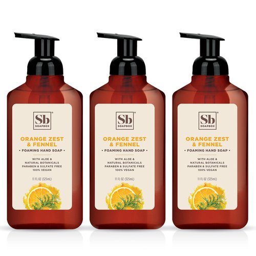 Soapbox Foaming Hand Soap ? Orange Zest & Fennel ? 11oz Pump Bottles ? 3 Ct Gently Scented, Moisturizing Foaming Hand Wash for Kitchen and Bathroom, Vegan, Cruelty & Paraben Free