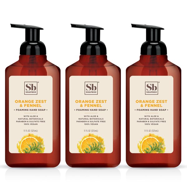 Soapbox Foaming Hand Soap ? Orange Zest & Fennel ? 11oz Pump Bottles ? 3 Ct Gently Scented, Moisturizing Foaming Hand Wash for Kitchen and Bathroom, Vegan, Cruelty & Paraben Free