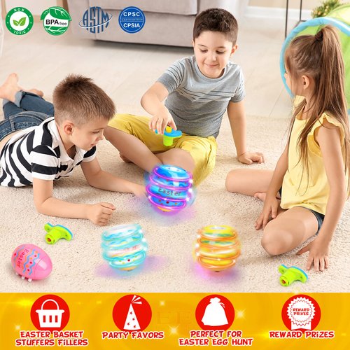 Light Up Easter Eggs Toy Gifts for Kids, 6 Easter Egg Spinning Tops with Flash & Music, Easter Basket Stuffers, Easter Eggs Hunt Prize, Kids Goodie Bag Fillers, Party Favor Novelty Bulk Toys