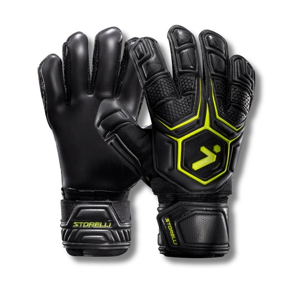 Storelli Gladiator Pro 3.0 Goalkeeper Gloves, Breathable High-Impact Hand Protection with 5 Removable Finger Spines, Premium Hand Grip for Soccer Goalies, 1 Pair, Black & Yellow,Size 8