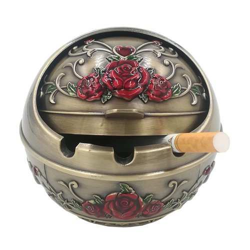 Honoro Windproof Ashtray with Lid for Outdoor and Indoor Use,Metal Portable Cigarette Ashtray,Ball Ashtray,Red Rose,Bronze
