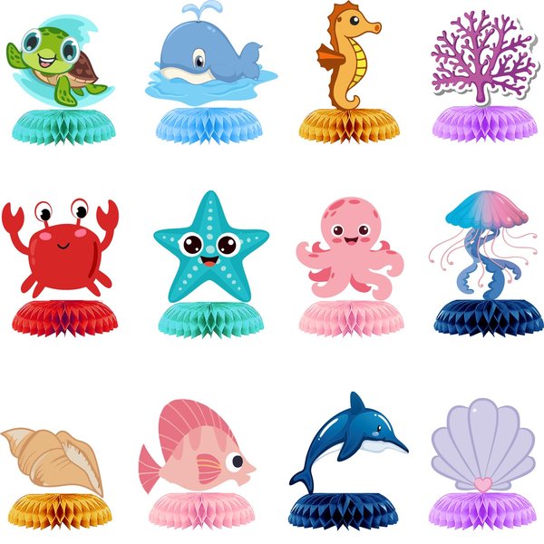 12 Pcs Ocean Sea Animal Honeycomb Centerpiece Party Decorations Ocean Themed Under The Sea Table Topper Party Supplies Fish Sea Creature Mermaid Beach Bday for Baby Shower