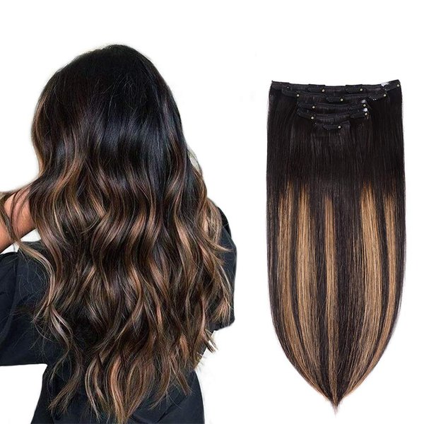5 Pieces 12" Remy Clip in Hair Extensions Human Hair - Natural Black to Chestnut Brown Highlight Black Ombre Silky Straight Short Thick Real Hair Extensions for Women (12 inches, (1BT6) P1B, 60grams)