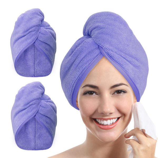 YoulerTex Microfiber Hair Towel Wrap - 2Pack Hair Head Drying Turban Curly Fast Absorbent Dry Anti Frizz Twist Plopping Long Shower Turban for Women with Button (Lilac Purple)