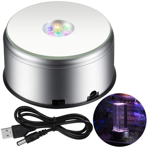 7 LED Rotating Display Stand Light Colorful Crystal Display Base Cup Display Turner Platform 360 Degree Display Spinner with USB Cable for Tumbler Cup Crystals Glass Jewelry Art Craft Gift (1 Piece)