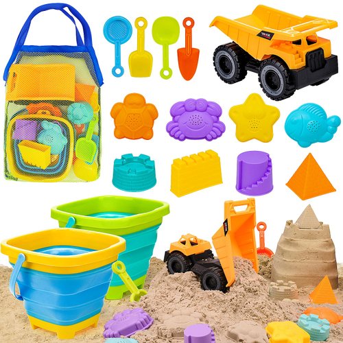 AuntyFey Beach Sand Toys for Toddler 1-3 with Beach Sand Trucks, 2 Collapsible Beach Toys for Kids Ages 4-8, Sandbox Toys for Toddler, Collapsible Beach Sand Buckets with Castle Sand Molds Shovels