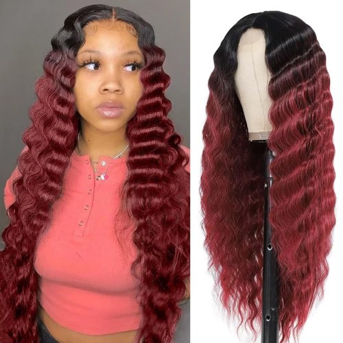 FEEL ME Ombre Burgundy Synthetic Curly Wig 28inch Long Deep Wave Lace Front Wigs for Women 4" Fake Scalp Middle Part Lace Wigs Natural Crimps Curls 1b/99j Ombre Curly Lace Front Wig For Daily Use
