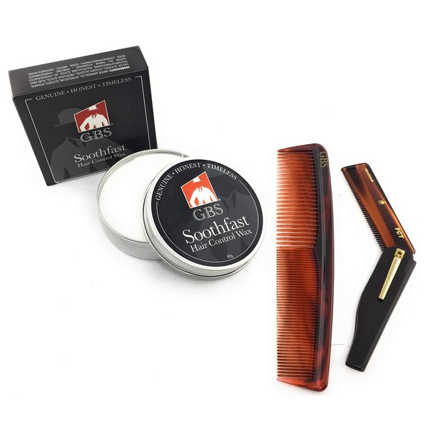G.B.S Men's All-Natural Hair & Mustache Styling Wax Clay (3oz), Folding Comb & 7in Dressing Comb Bundle