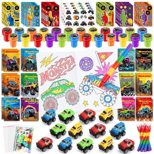 BenLouis 84Pcs Monster Truck Party Favors Truck Car Theme Coloring Books Crayons Sticker Set Bulk for Kids Racing Wheels Birthday Decor Goodie Bag Stuffer Classroom Rewards Craft Pinata Supplies