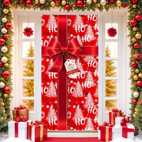 Christmas Door Cover Decorations Red Christmas Gift Box Bowknot Door Banner Merry Christmas Porch Sign Hanging Banner for Front Door Christmas Party Supplies Winter Indoor Outdoor Decor