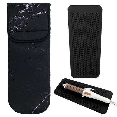2 PCS Catcan Curling Iron Holder Cover Bag with Silicone Mat for Hair Straightener Storage (Black Marble)