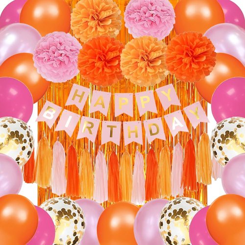 Pink and Orange Happy Birthday Party Decorations, Pink-Orange Groovy Décor Supplies with Banner Balloons Paper Pom Poms Tassels Garland Fringe Curtain for Women Girls Teens Her Birthday