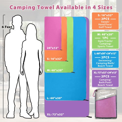 SYOURSELF 2 Pack Microfiber Camping Towel, Quick Dry Towel, Soft Absorbent Compact Travel Gym Workout Sweat Towel for Beach Yoga Swim Travel Camping Hiking Backpack Essentials (L:60"x30"+12"x24")
