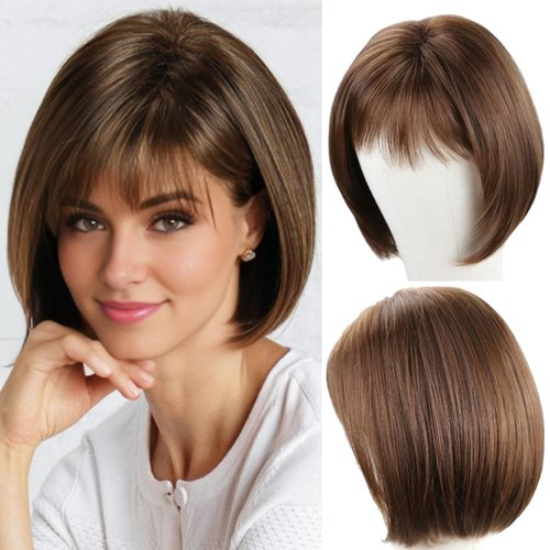 RENERSHOW Short Brown Bob Wigs for Women Brown Mixed Blonde Synthetic Wig with Bangs Natural Looking Daily Party Wig
