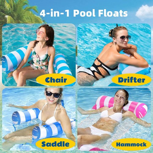 【4 Pack】 Inflatable Pool Floats Hammock, Water Hammock Lounges, Multi-Purpose Swimming Pool Accessories(Saddle, Lounge Chair, Hammock, Drifter) Suitable for Swimming Pool, Beach, Outdoor