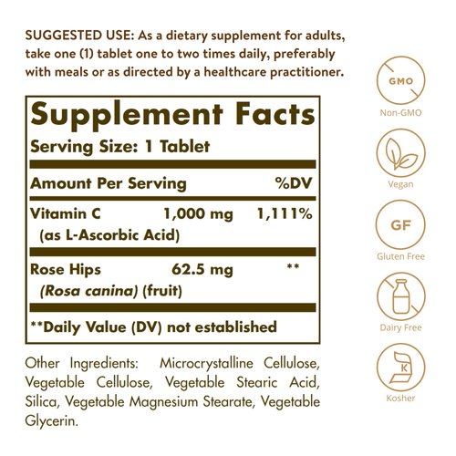 Solgar Vitamin C 1000 mg with Rose Hips, 250 Tablets - Antioxidant & Immune Support - Overall Health - Supports Healthy Skin & Joints - Non GMO, Vegan, Gluten Free, Dairy Free, Kosher - 250 Servings