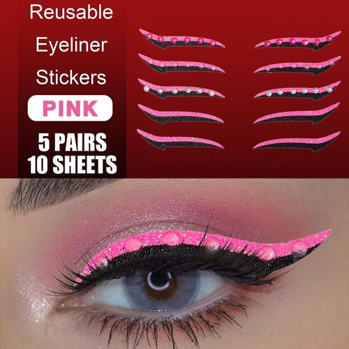 Uranian Eyeliner Stickers Glitter Eyeliner Stickers with Rhinestones Instant Adhesive Eye Line Strip Reusable Eyeshadow Stickers Colorful Eyelid Tape for Party Makeup Tool for Women (Pink)