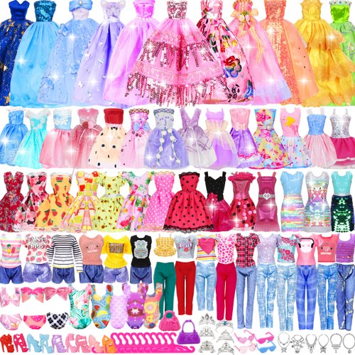 70 Pcs Doll Clothes and Accessories Kit, Including 4 Princess Gowns 8 Fashion Dresses 3 Tops 3 Pants 2 Bikini Swimsuits 20 Shoes 10 Hangers 20 Accessories for 11"-12" Dolls1