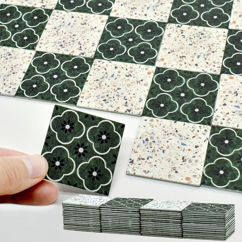 iLAND Dollhouse Flooring on 1/12 Scale 1/6 Scale, Miniature Dollhouse Accessories, 60pcs Double-Sided Dollhouse Floor Tiles (Advanced French Green Floral & Colorful Terrazzo)