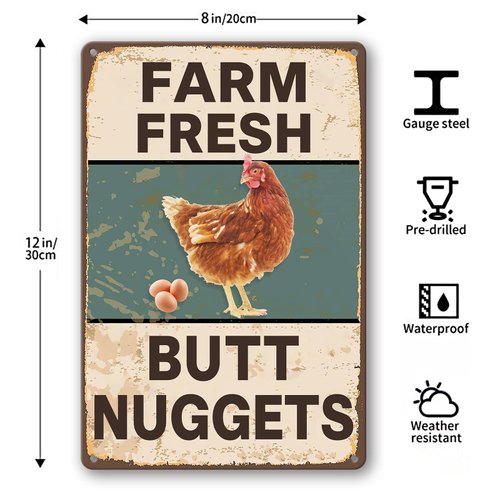 Vintage Metal Signs Chicken Coop Signs for Farm Yard Decor, Farm Tin Signs for Home Kitchen Outdoor Decor, Fresh Butt Nuggets - 8×12 inches