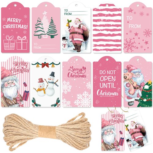 120 Pcs Pink Winter Paper Gift Tags with String for Holiday Party Wrapping Decor, 10 Styles