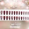24Pcs Christmas Red Press on Nails Long Length White Snowflake False Nails with Red White Stripe Design Xmas Acrylic Nails Full Cover Aritificial Coffin Nails Winter Glue on Nails for Women