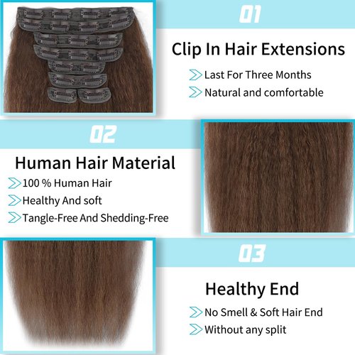 werkueen Kinky Straight Clip in Hair Extensions Seamless Clip ins Hair Extensions Real Human Hair Yaki Straight Real Human Hair Clip in Extensions for Black Women Natural Black 8Pcs 100g 20 Clips