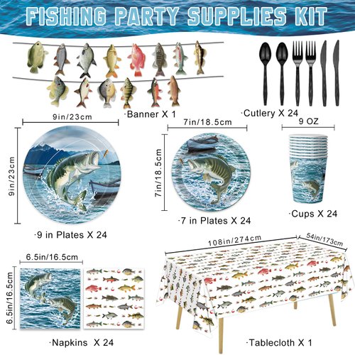 170PCS Gone Fishing Party Decorations Fishing Birthday Party Decorations Include Plates, Cups, Cutlery, Banner, Tablecloth for Ofishally One Birthday Decorations, Serve 24