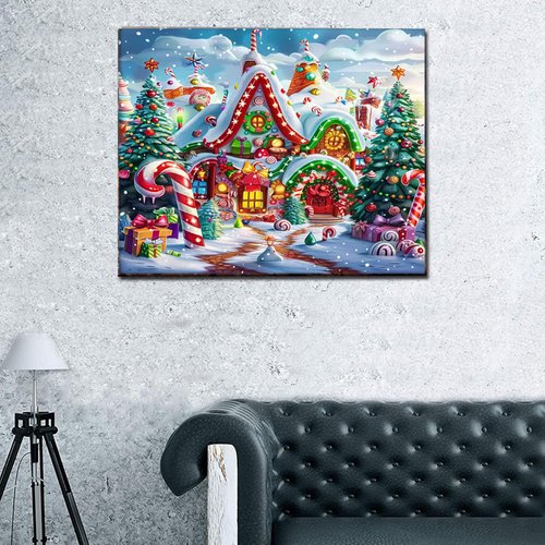 Christmas Candy House DIY Paint by Numbers for Adults Winter Snow Xmas Scenery DIY Oil Painting Acrylic Paint Art Painting Kits Canvas with Acrylic Paints Cute Holiday Art 16x20 Inch（Frameless）