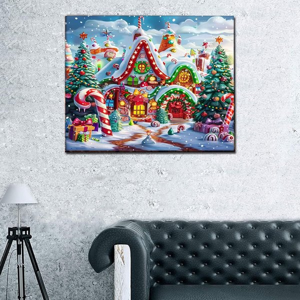 Christmas Candy House DIY Paint by Numbers for Adults Winter Snow Xmas Scenery DIY Oil Painting Acrylic Paint Art Painting Kits Canvas with Acrylic Paints Cute Holiday Art 16x20 Inch（Frameless）