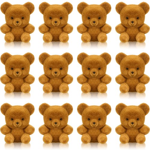 Hungdao 12pcs Valentine's Day Miniature Flocked Plush Mini Bear Stuffed Bear Decorations for Birthday Cake Wedding Decor Party Favor Supplies Bag Charm DIY Accessory 1 Inch(Light Brown)