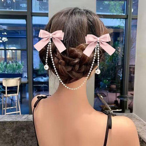 TUCEWP Satin Bow Hair Clips Pearl Tassel Chain Hair Bow Barrettes Pink Bow Claw Clip Hairpins Sweet Bowknot Snap Hair Clip Small Cute Alligator Hair Clips Hair Accessories for Women Girls Toddlers