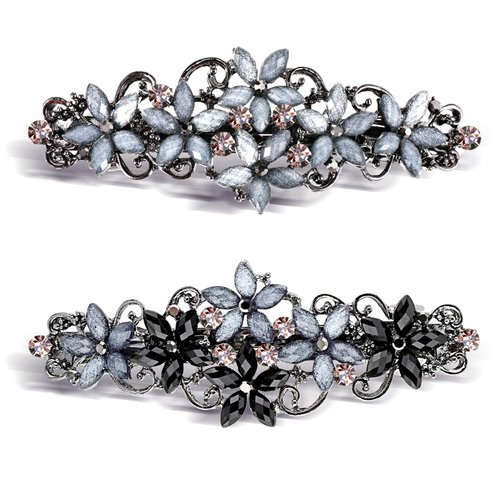 2 PCS Elegant Rhinestones Vintage Hair Clips for Thick Hair - Sparkly Glitter Fashion Flowers Hairpins in French Style Decorative Hair Accessories for Women and Girls (Black Gray, Gray)