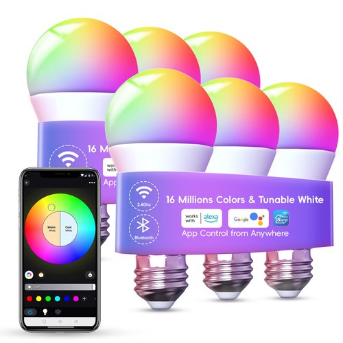Dawwee Color Changing LED Light Bulb App Control 9 W 60 watt Equivalent, 2.4Ghz WiFi and Bluetooth 1200LM Smart Light Bulbs That Compatible with Alexa Google, E26 E27 B22 LED Light Bulb, 6 Pack