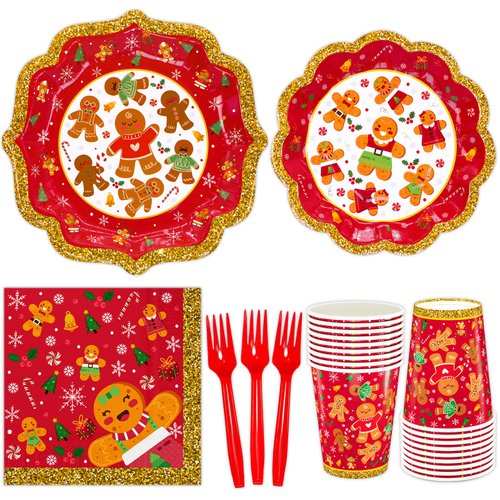Christmas Gingerbread Party Supplies Serves 24 Party Tableware Disposable Dinner Plates,Dessert Plates ,Paper Cups,Xmas Napkins,Forks,Christmas Party Dinnerware Gingerbread Theme For Xmas Celebration