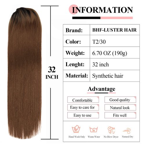 BHF 32" +30” Organic Ponytail-Extensions Long Straight Drawstring Black - Hair Extensions Ponytail Extra Long Clip in Hairpieces for Women (6.7OZ) (32in-Straight ponytail, T2/30)