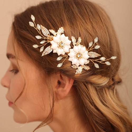 BERYUAN White Flower Gold Leaf Hair Clip Floral Ivory Rhinestone Wedding Hair Accessory for Women...