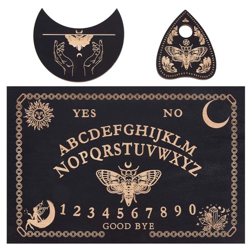CREATCABIN 3Pcs Wooden Divination Board Set Tarot Card Stand Holder Moth Elfin Tarot Card Altar Stand Spirit Board Kit with Planchette Black Rectangle Pendulum Board for Board Accessory Supplies