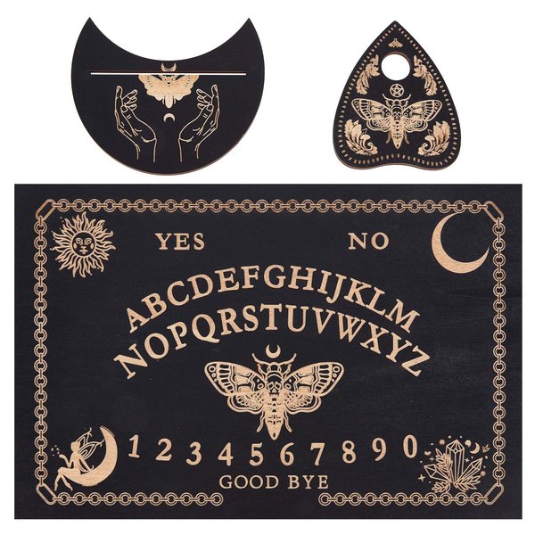 CREATCABIN 3Pcs Wooden Divination Board Set Tarot Card Stand Holder Moth Elfin Tarot Card Altar Stand Spirit Board Kit with Planchette Black Rectangle Pendulum Board for Board Accessory Supplies