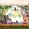 Happy Birthday Banner for Jungle Safari Theme Birthday Party Decorations, Fabric Animal Zoo Theme Birthday Party Backdrop Tropical Forest Poster for Boys Girls Birthday Party Wall Supplies, 185*110cm